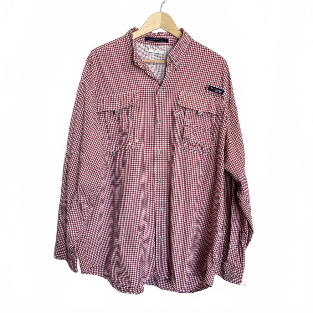 Columbia PFG‎ Shirt Mens XL Red White Plaid Super Bahama Long Sleeves Fishing